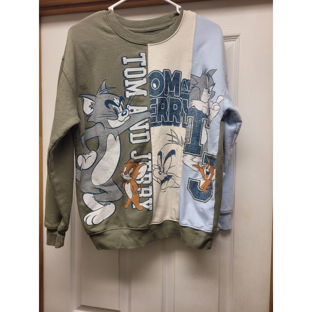 Men's Medium Tom and Jerry Colorblock Graphic Sweatshirt Cartoon Fleece Pullover
